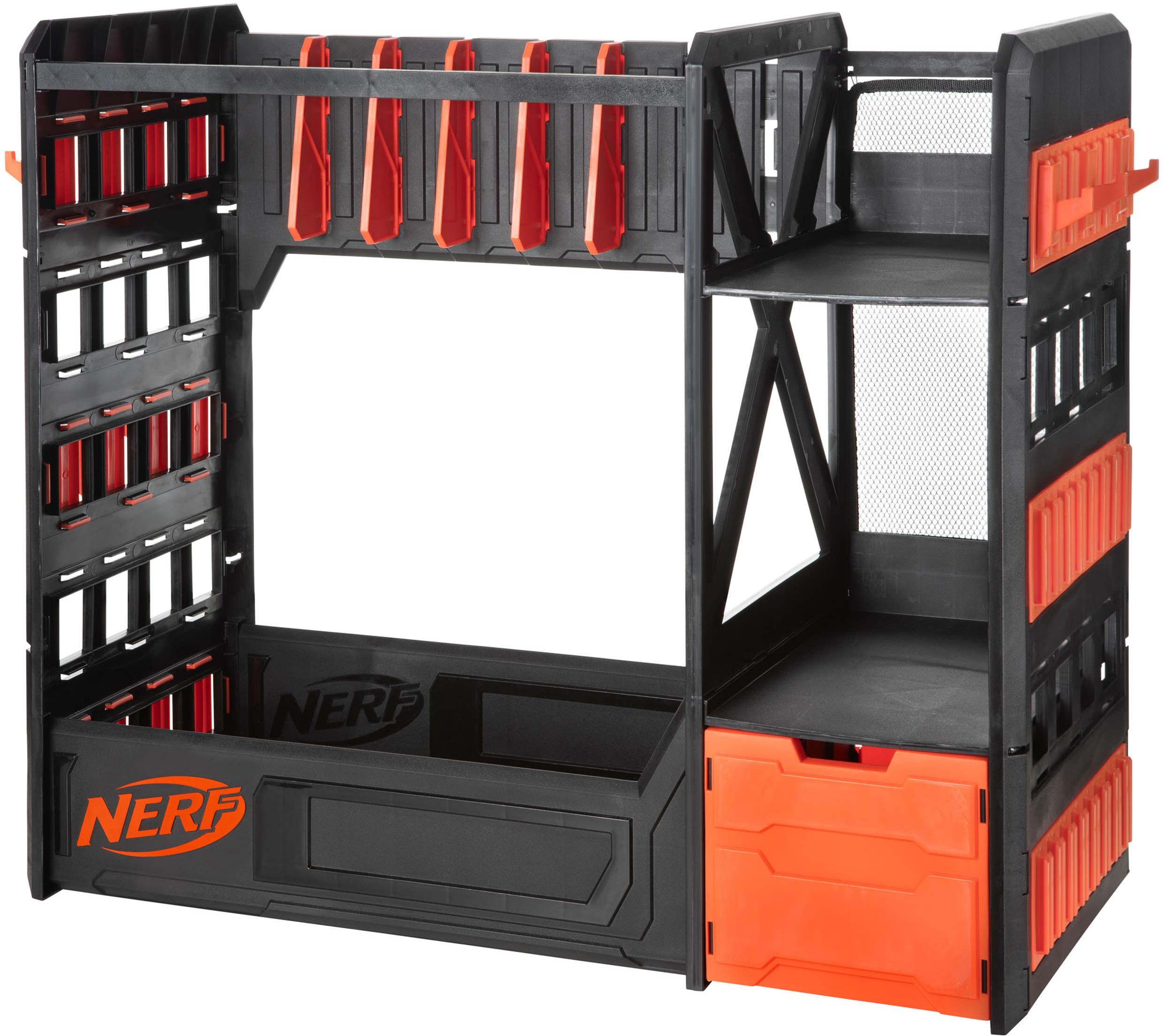 NERF Elite Blaster Rack — место для хранения до шести бластеров, включая полки и аксессуары для ящиков, оранжевый и черный — эксклюзивно для Amazon Nerf