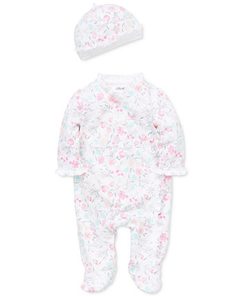 Baby Girls 2-Pc. Хлопковая шапка и комбинезон с цветочным принтом и акварелью Little Me