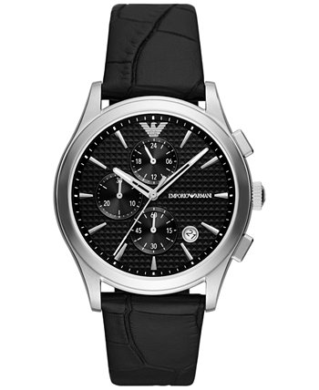 Мужские часы с хронографом с черным кожаным ремешком 42 мм Emporio Armani
