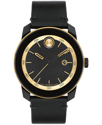 Men's Bold Tr90 Swiss Quartz Black Leather Watch 42mm Movado