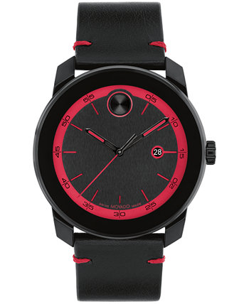 Men's Bold Tr90 Swiss Quartz Black Leather Watch 42mm Movado