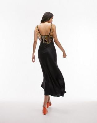 Topshop maxi dress with beaded fringing detail in black TOPSHOP