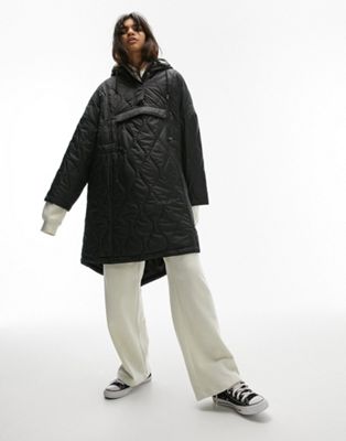 Черное длинное стеганое пальто-трапеция с капюшоном Topshop TOPSHOP