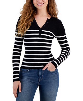 Juniors' Striped Ribbed Henley Top Crave Fame
