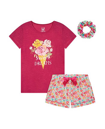 Big Girls T-shirt and Shorts with Scrunchie Pajama Set, 3 Piece Sleep On It
