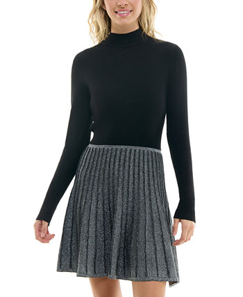 Juniors' Mock-Neck Pleat-Skirt Fit & Flare Sweater Dress BCX