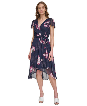 Миниатюрное платье с запахом и развевающимися рукавами с цветочным принтом DKNY