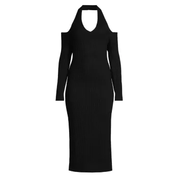 Трикотажное платье-миди в рубчик с открытыми плечами 525 America