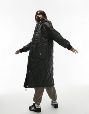 Черная удлиненная стеганая куртка-пуховик с капюшоном Topshop TOPSHOP