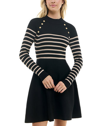 Juniors' Striped Button-Detail Fit & Flare Sweater Dress BCX