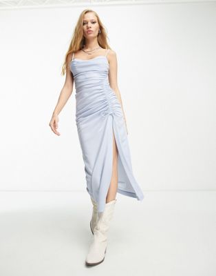 Emory Park slinky ruched detail midi dress in soft blue EMORY PARK