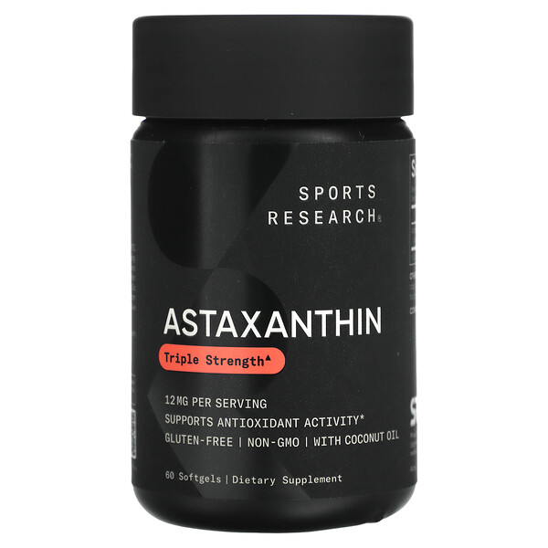 Астаксантин, Тройная сила, 12 мг, 60 мягких таблеток Sports Research