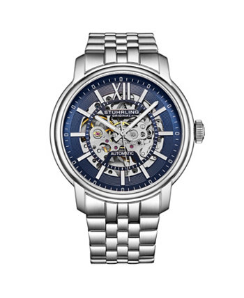 Мужские часы Legacy из нержавеющей стали серебристого цвета, синий циферблат, круглые часы 45 мм Stuhrling