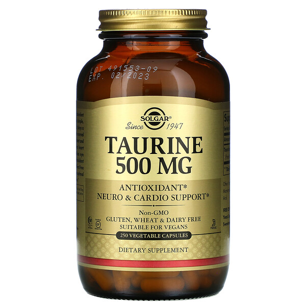 Таурин, 500 мг, 250 растительных капсул Solgar