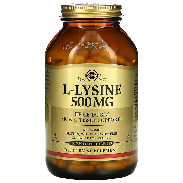 L-лизин, в свободной форме, 500 мг, 250 растительных капсул Solgar