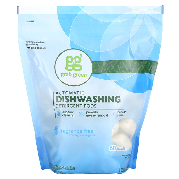 Автоматическое моющее средство для мытья посуды в капсулах, без запаха, 60 загрузок, 2 фунта 6 унций (1080 г) Grab Green