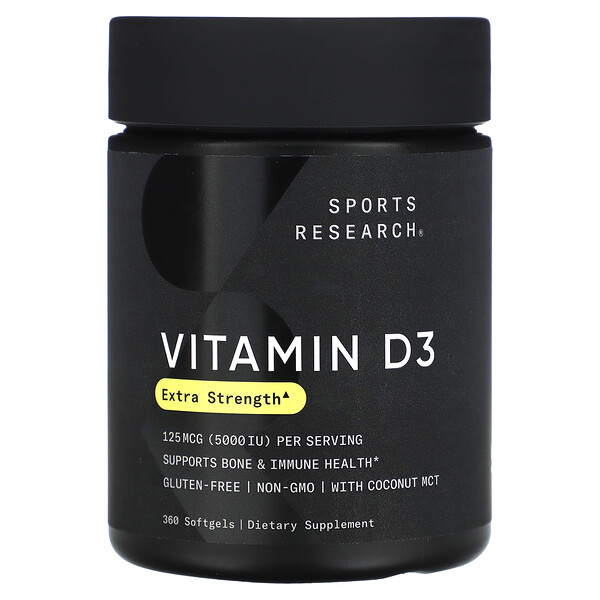 Витамин D3 с кокосовым маслом, 125 мкг (5000 МЕ), 360 мягких таблеток Sports Research