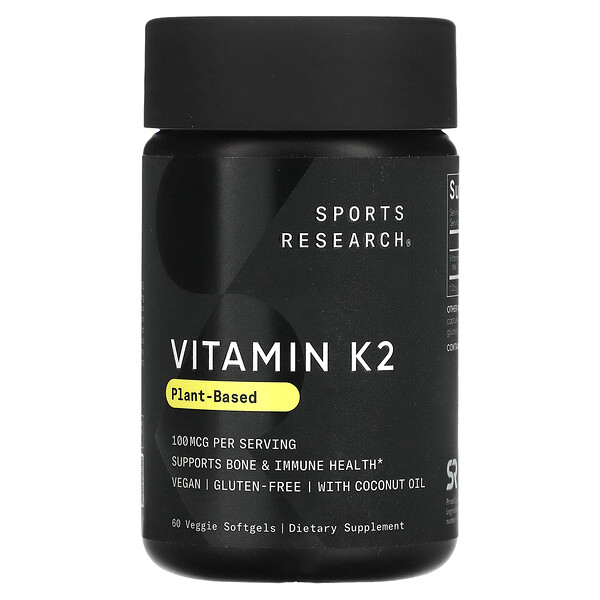 Витамин K2 с кокосовым маслом, на растительной основе, 100 мкг, 60 растительных мягких желатиновых капсул Sports Research