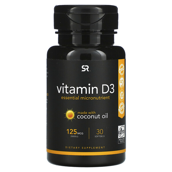 Витамин D3 с кокосовым маслом, 125 мкг (5000 МЕ), 30 мягких таблеток Sports Research