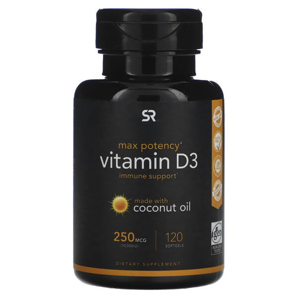 Витамин D3 с кокосовым маслом, 250 мкг (10 000 МЕ), 120 мягких капсул Sports Research