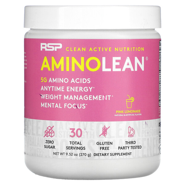 AminoLean, Незаменимые аминокислоты + энергия в любое время, розовый лимонад, 9,52 унции (270 г) RSP Nutrition