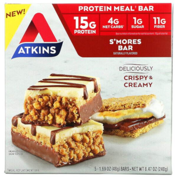 Protein Meal Bar, Батончик S'mores, 5 батончиков, 1,69 унции (48 г) Atkins