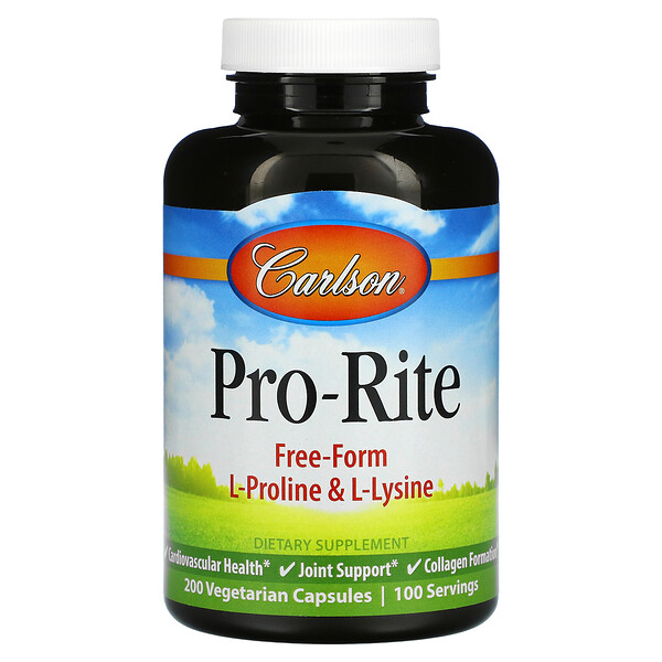 Pro-Rite, L-пролин и L-лизин в свободной форме, 200 вегетарианских капсул Carlson