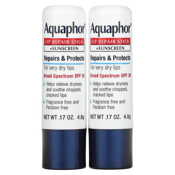 Стик для восстановления губ + солнцезащитный крем, SPF 30, без запаха, двойная упаковка, 2 стика по 0,17 унции (4,8 г) каждый Aquaphor