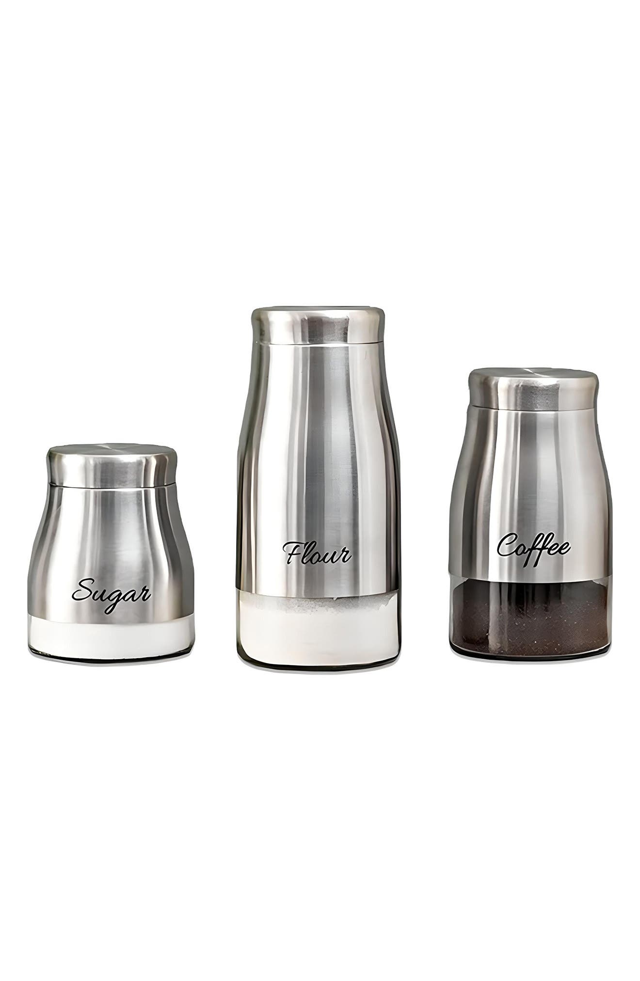 3-Piece Stainless Steel Canister Set with See-Through Glass Base - Silver HOME BASICS