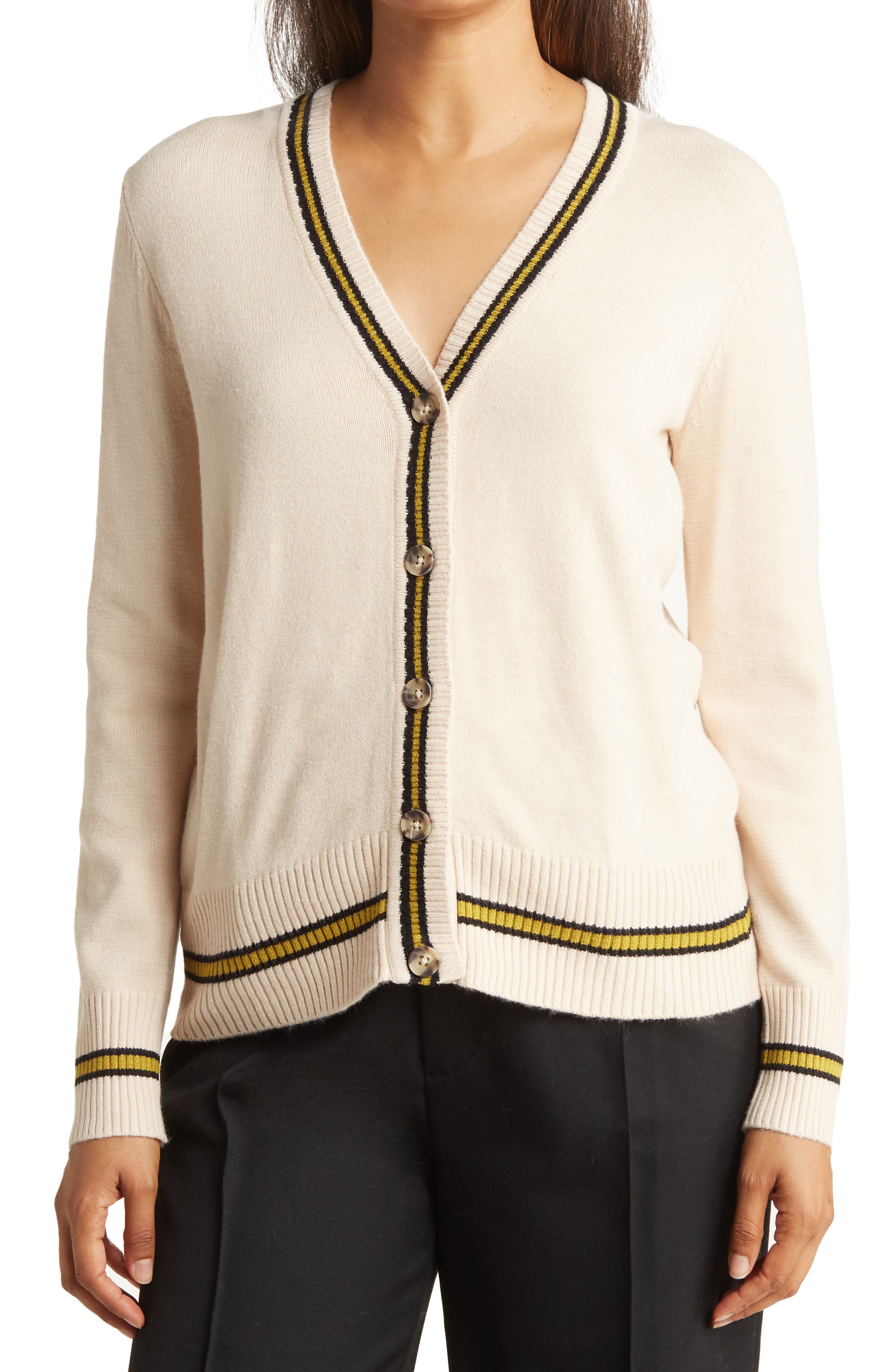 Preppy Tipped Stripe Button Front Cardigan Cyrus