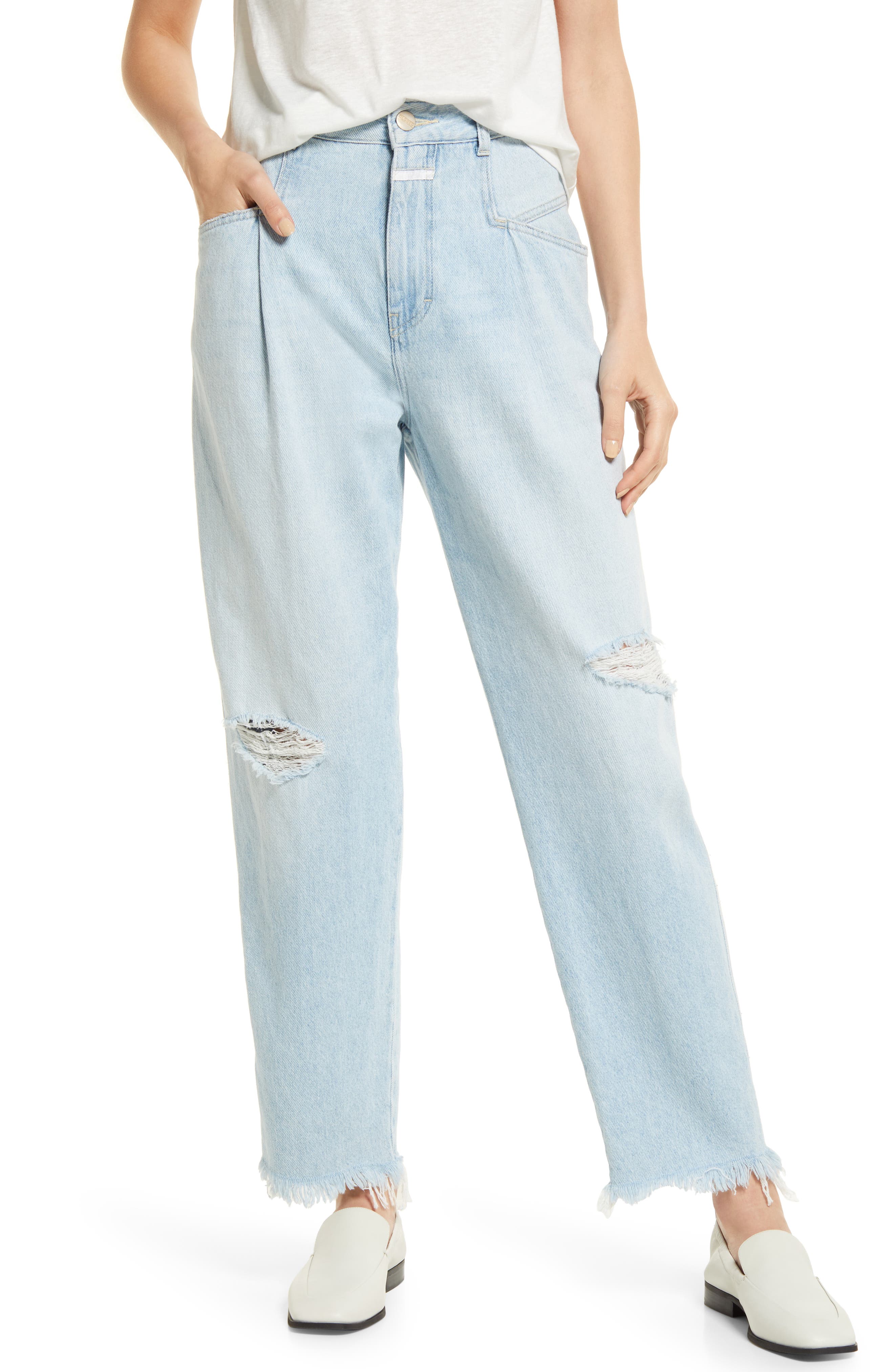 Жемчужные рваные плиссированные джинсы прямого кроя с высокой талией CLOSED