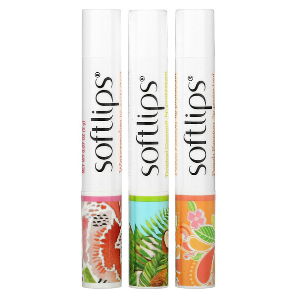 Lip Protectant, Watermelon, Tropical Coconut, Peach Passion, 3 Pack, 0.07 oz (2 g) Each Softlips