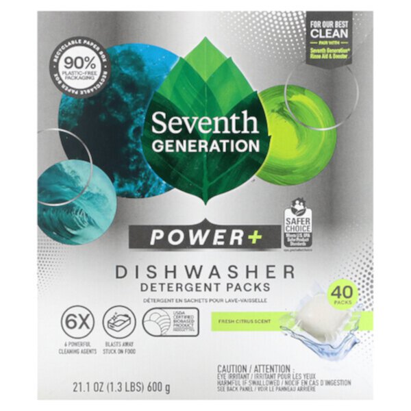 Power+ Dishwasher Detergent Packs, Fresh Citrus, 40 Packs, 21.1 oz (600 g) Seventh Generation