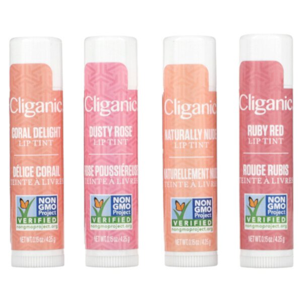 Tinted Lip Balm, Whispers of Color, 4 Pack, 0.15 oz (4.25 g) Each Cliganic
