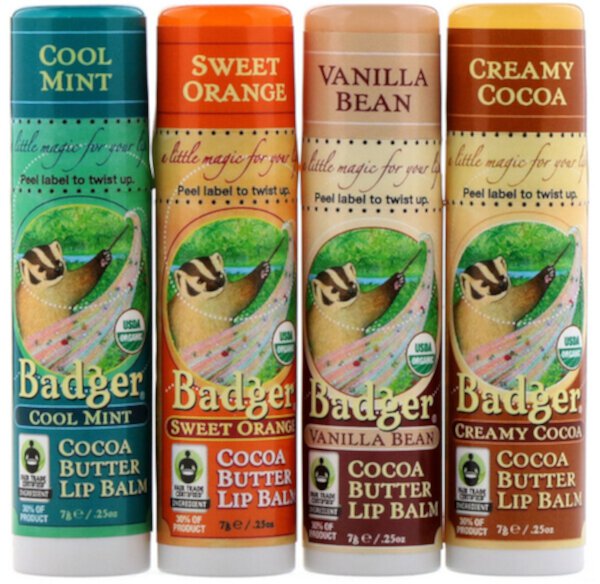 Organic, Cocoa Butter Lip Balms Set, 4 Pack, 0.25 oz (7 g) Each Badger Basket