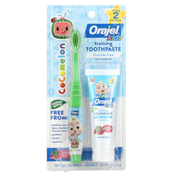 Kids, Cocomelon Training Toothpaste with Toothbrush, Fluoride-Free, 0-3 Years, Watermelon, 2 Piece Set, 1 oz (28.3 g) Orajel