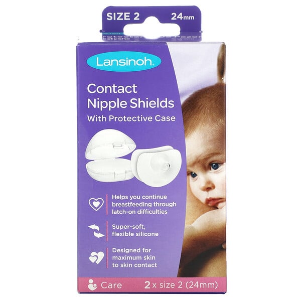 Contact Nipple Shields with Protective Case, Size 2 (24 mm), 2 Pack Lansinoh