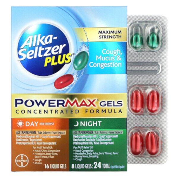 Cough Mucus & Congestion PowerMax Gels, Maximum Strength, Day & Night, 24 Liquid Gels Alka-Seltzer Plus